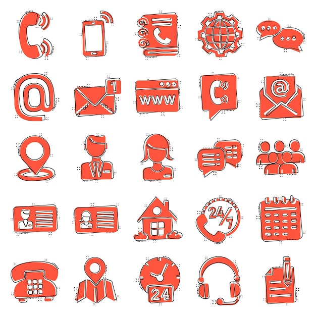 Icono de contacto establecido en estilo cómico Comunicación telefónica Ilustración vectorial de dibujos animados en fondo blanco aislado Equipo de sitio web Efecto de salpicaduras Concepto de negocio