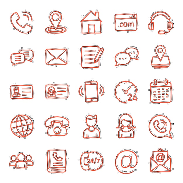 Icono de contacto establecido en estilo cómico Comunicación telefónica Ilustración vectorial de dibujos animados en fondo blanco aislado Equipo de sitio web Efecto de salpicaduras Concepto de negocio