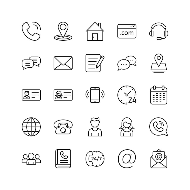 Icono de contacto establecido en estilo plano Ilustración de vector de comunicación telefónica sobre fondo blanco aislado Concepto de negocio de equipo de sitio web