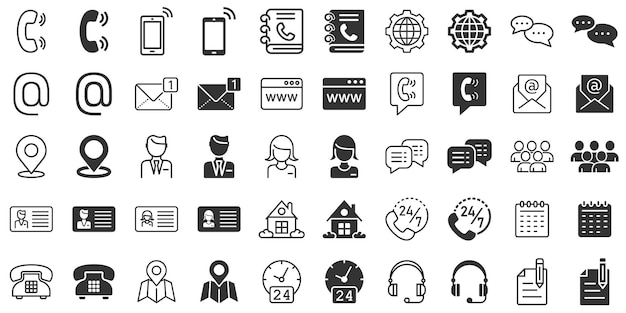 Icono de contacto establecido en estilo plano Ilustración de vector de comunicación telefónica sobre fondo blanco aislado Concepto de negocio de equipo de sitio web