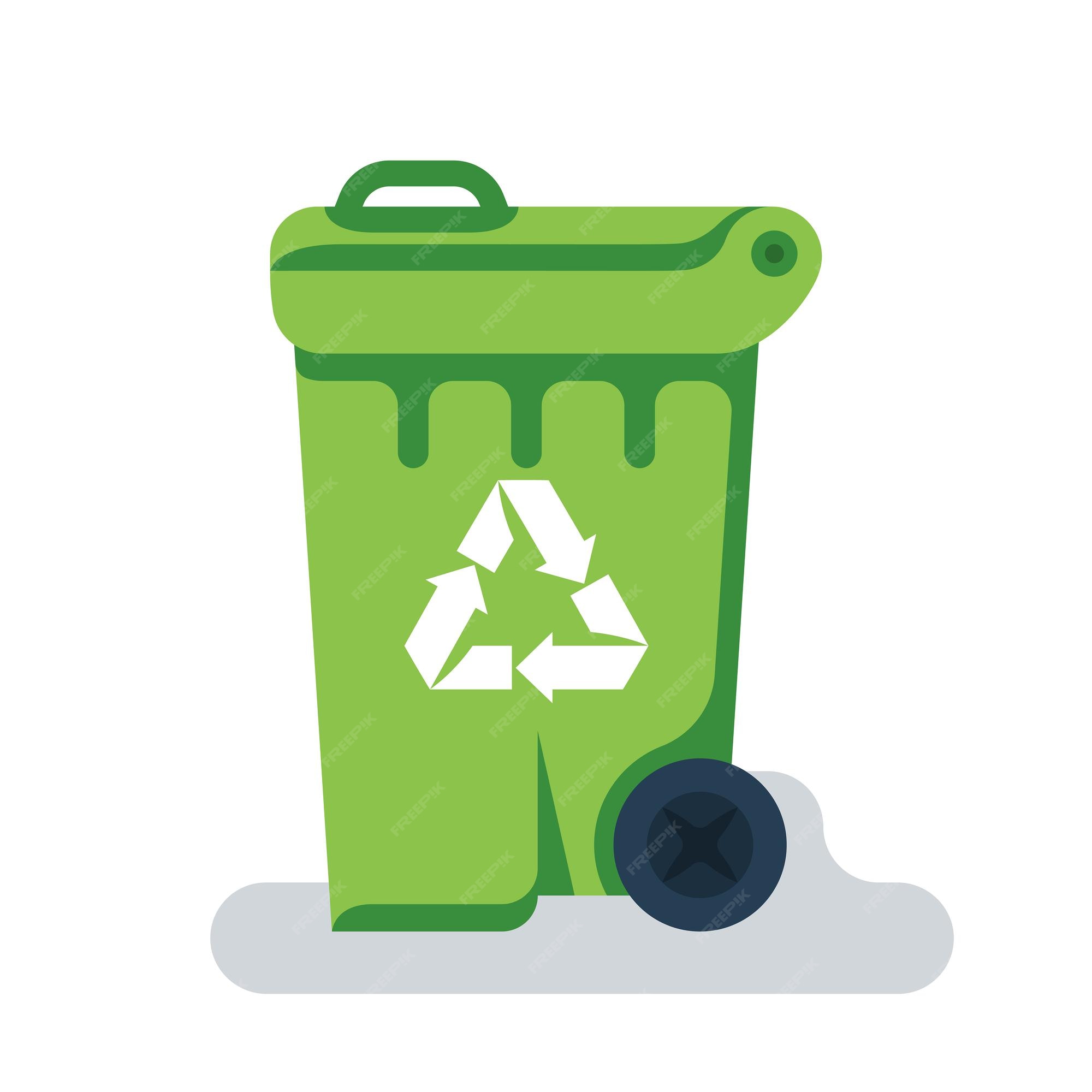 Icono de contenedor de basura. bote de basura de diseño plano. contenedor verde con icono de reciclaje. estilo de dibujos animados de ilustración vectorial. aislado sobre fondo blanco. marca ecológica. | Vector Icono de contenedor de basura. bote de basura de diseño plano. contenedor verde con icono de reciclaje. estilo de dibujos animados de ilustración vectorial. aislado sobre fondo blanco. marca ecológica. | Vector