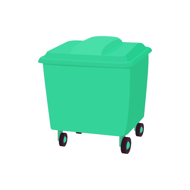 Vector icono de contenedor de basura verde en estilo de dibujos animados sobre un fondo blanco