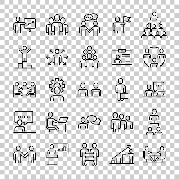 Icono de contorno de comunicación empresarial establecido en estilo plano Ilustración de vector de línea de estructura de equipo sobre fondo blanco aislado Concepto de negocio de trazo lineal de trabajo en equipo de oficina