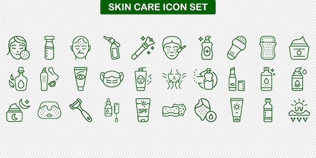 Icono de contorno de cuidado de la piel en verde sobre un fondo transparente con elementos de belleza y cosméticos