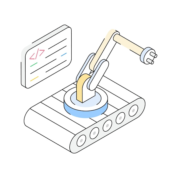Un icono de contorno isométrico moderno de la tarea de programación del robot