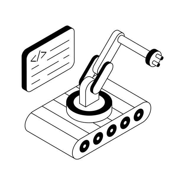 Un icono de contorno isométrico moderno de la tarea de programación del robot