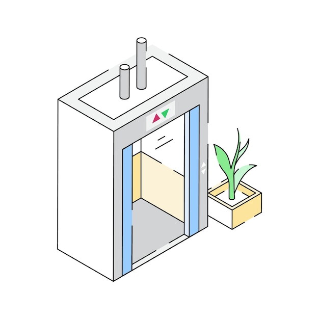 Icono de contorno isométrico premium que muestra la puerta del ascensor de la oficina