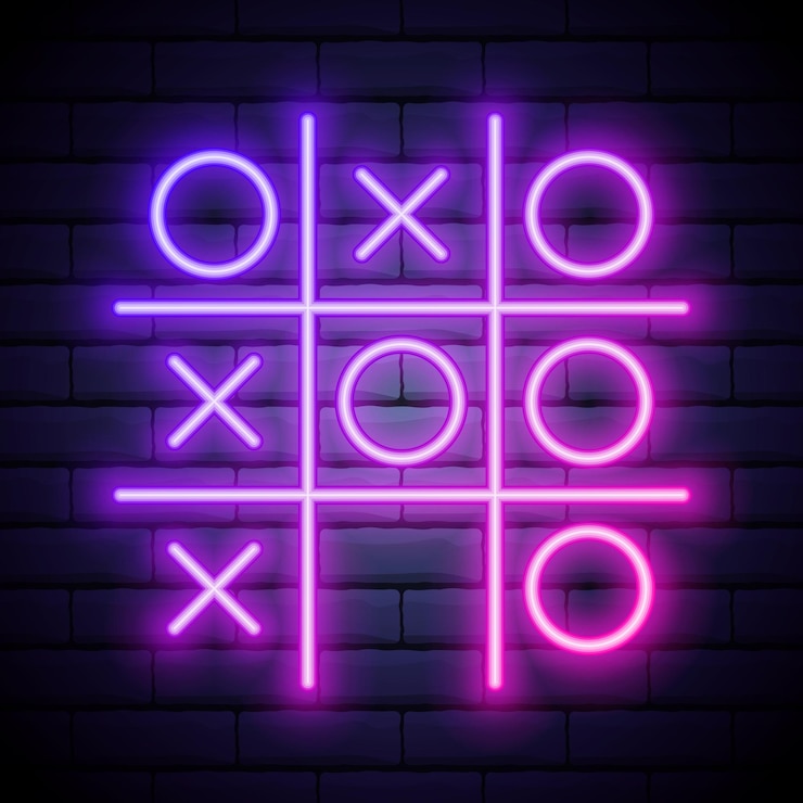 Vector icono de contorno lineal del juego de tres en raya estilo de neón de color sobre fondo de pared de ladrillo icono de luz