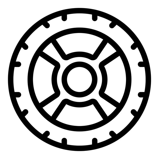 Icono de contorno negro de un neumático de automóvil con rayos que muestran el diseño automotriz