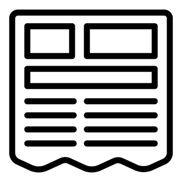 Icono de contorno negro de un periódico con título, subtítulo, resumen y texto del cuerpo que representa las últimas noticias