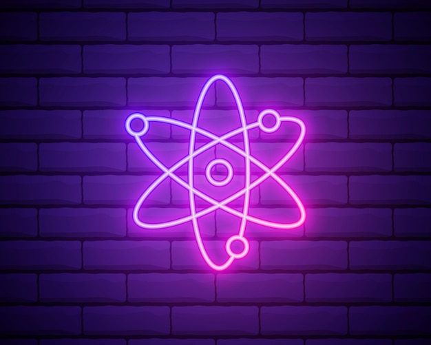 Icono de contorno de química atómica en elementos de estilo neón de educación ilustración línea icono signos símbolos se pueden utilizar para web logo aplicación móvil UI UX aislado en pared de ladrillo