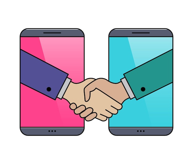 El icono del contorno de los teléfonos inteligentes que estrechan la mano