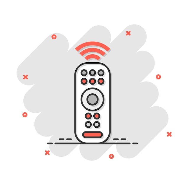 Icono de control remoto en estilo cómico Controlador infrarrojo Ilustración vectorial de dibujos animados en fondo blanco aislado Teclado de televisión Efecto de salpicaduras de concepto de negocio