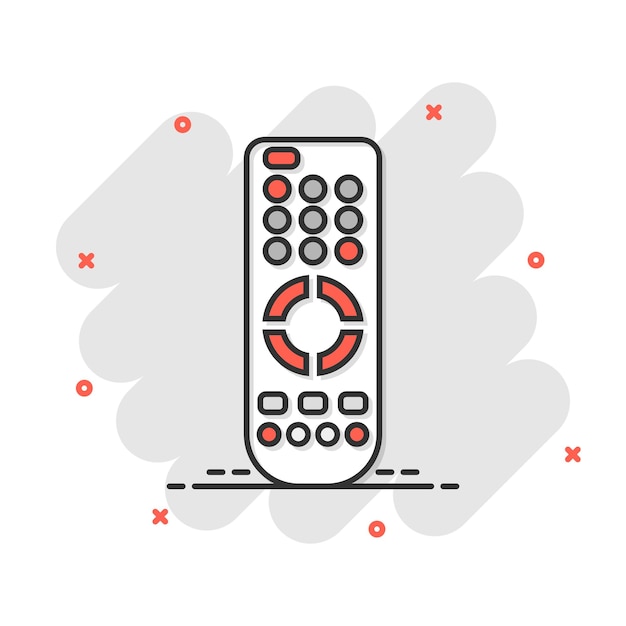 Icono de control remoto en estilo cómico Ilustración de dibujos animados de vector de controlador infrarrojo sobre fondo blanco aislado Efecto de salpicadura de concepto de negocio de teclado de Tv