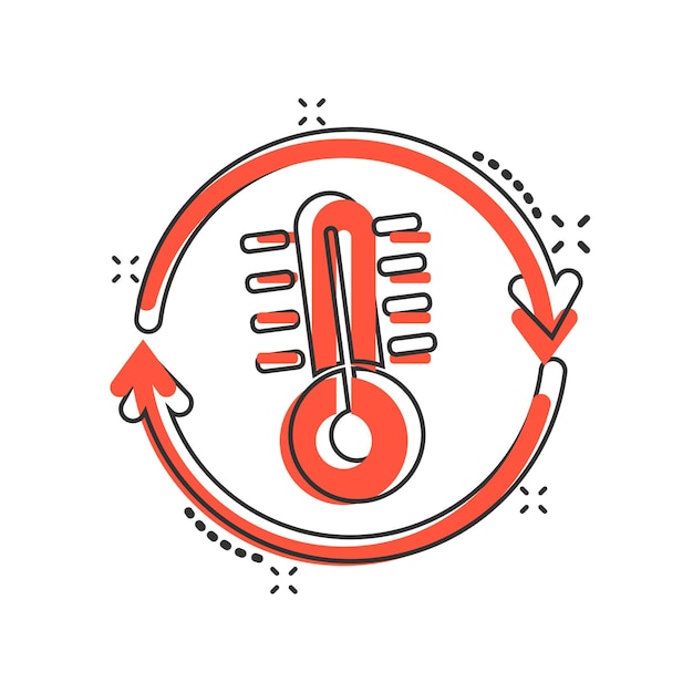 Icono de control de temperatura del termómetro en estilo cómic Ilustración de vector de dibujos animados de equilibrio meteorológico sobre fondo blanco aislado Concepto de negocio de efecto de salpicadura de temperatura fría caliente