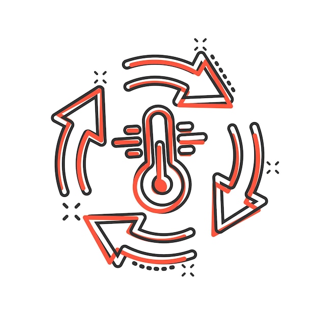 Icono de control de temperatura del termómetro en estilo cómic Ilustración de vector de dibujos animados de equilibrio meteorológico sobre fondo blanco aislado Concepto de negocio de efecto de salpicadura de temperatura fría caliente
