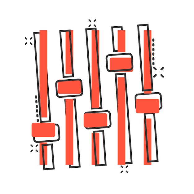 Icono de control de volumen en estilo cómico Ajuste de audio Ilustración vectorial de signos de dibujos animados en fondo blanco aislado Efecto de salpicaduras de filtro Concepto de negocio