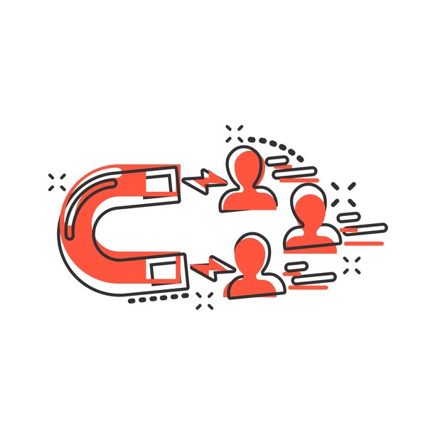 Icono de conversión de plomo en estilo cómic Atraer ilustración de vector de dibujos animados sobre fondo blanco aislado Concepto de negocio de efecto de salpicadura de imán