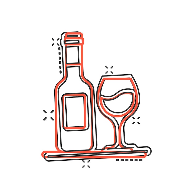 Icono de copa y botella de vino en estilo cómico Ilustración de vector de dibujos animados de bebidas de champán sobre fondo aislado Concepto de negocio de señal de efecto de salpicadura de bebida de cóctel