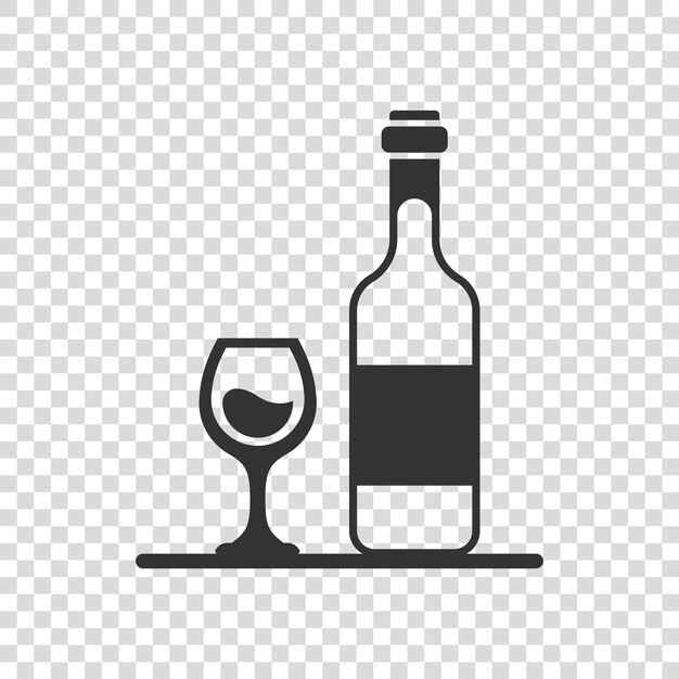 Icono de copa y botella de vino en estilo plano Ilustración de vector de bebida de champán sobre fondo aislado Concepto de negocio de signo de bebida de cóctel