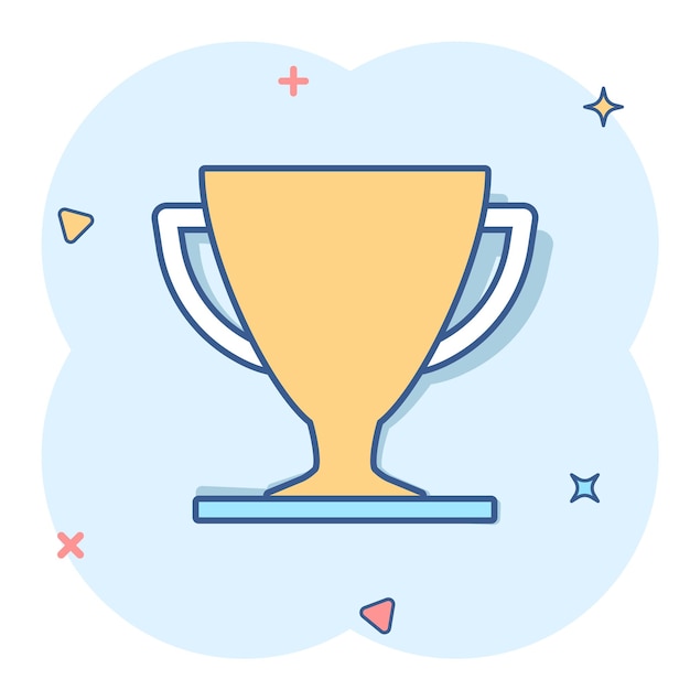 Icono de copa de trofeo de dibujos animados de vector en estilo cómico Pictograma de ilustración de signo de ganador Concepto de efecto de salpicadura de premio de premio empresarial