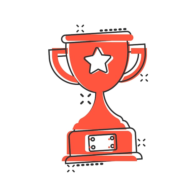 Icono de copa de trofeo en estilo cómico Ilustración de vector de dibujos animados de premio de copa sobre fondo aislado Concepto de negocio de signo de efecto de salpicadura de premio