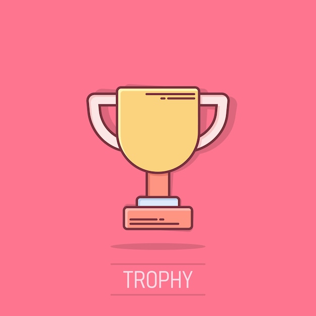 Icono de copa de trofeo en estilo cómico Ilustración de vector de dibujos animados de premio de copa sobre fondo aislado Concepto de negocio de signo de efecto de salpicadura de premio