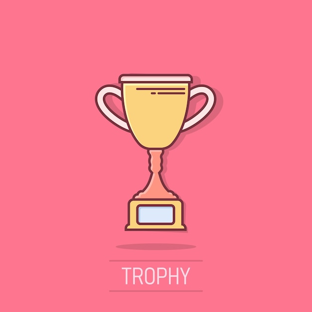 Icono de copa de trofeo en estilo cómico Ilustración de vector de dibujos animados de premio de copa sobre fondo aislado Concepto de negocio de signo de efecto de salpicadura de premio