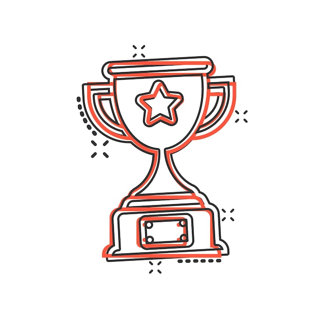 Icono de copa de trofeo en estilo cómico Premio de copa Ilustración vectorial de dibujos animados en fondo aislado Efecto de salpicaduras de premios Sello de concepto de negocio