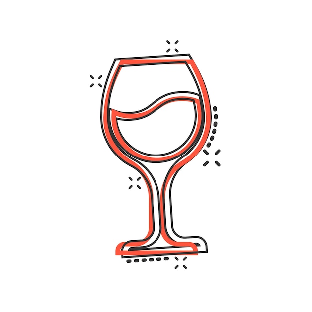 Icono de copa de vino en estilo cómico Ilustración de vector de dibujos animados de bebidas de champán sobre fondo aislado Concepto de negocio de señal de efecto de salpicadura de bebida de cóctel