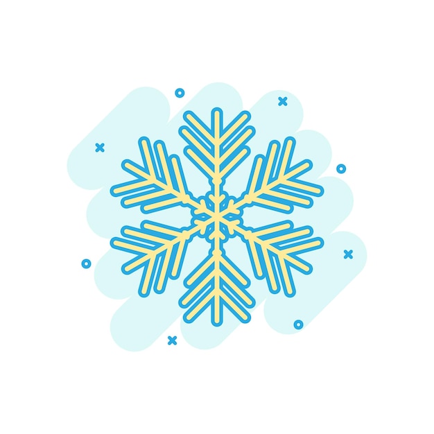 Icono de copo de nieve en estilo cómico Copo de nieve invierno vector dibujos animados ilustración pictograma Navidad nevada ornamento negocio concepto efecto de salpicadura