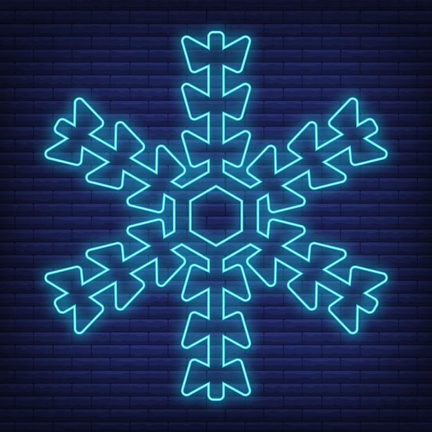 Icono de copo de nieve de nieve resplandor estilo neón, ilustración de vector plano de contorno de condición climática de concepto, aislado en negro. Fondo de ladrillo, material de etiqueta climática web.