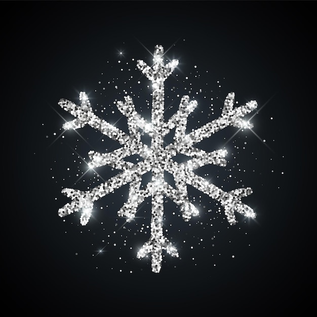 Icono de copo de nieve con textura de purpurina plateada sobre fondo negro Vector Navidad brillante Año nuevo e invierno espumoso dorado dibujado a mano símbolo de nieve para imprimir tarjetas de felicitación de decoración web