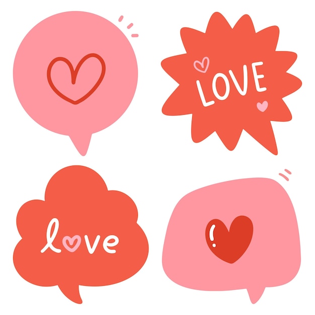 Icono del corazón y el amor en lindas burbujas de discurso de mensaje rosa configurado para San Valentín o el día de la boda