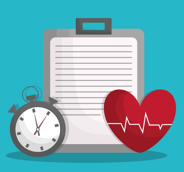 icono de corazón de cardio de cronómetro y tabla de informe