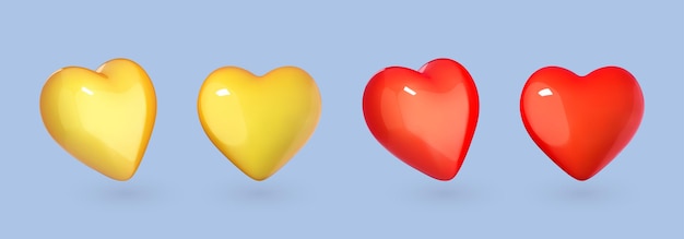 Icono de corazón en dibujos animados estilo 3d aislado sobre fondo azul Conjunto de corazones volumétricos de plástico de ilustración vectorial