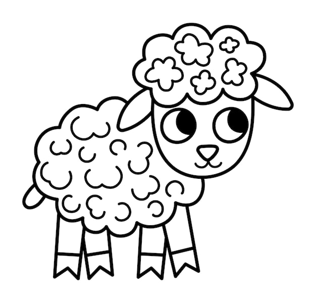 Icono de cordero blanco y negro vectorial Ilustración de oveja pequeña de dibujos animados de contorno lindo para niños Bebé animal de granja aislado sobre fondo blanco Imagen de oveja plana colorida o página para colorear para niños