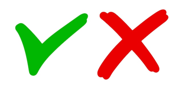 Icono correcto e incorrecto. dibujado a mano de la marca de verificación verde y la cruz roja aislada sobre fondo blanco.Ilustración de vector.