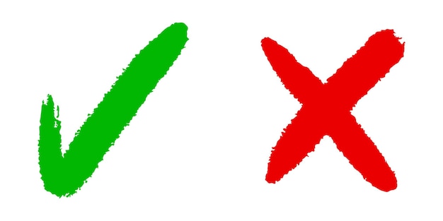 Icono correcto e incorrecto. dibujado a mano de la marca de verificación verde y la cruz roja aislada sobre fondo blanco.Ilustración de vector.