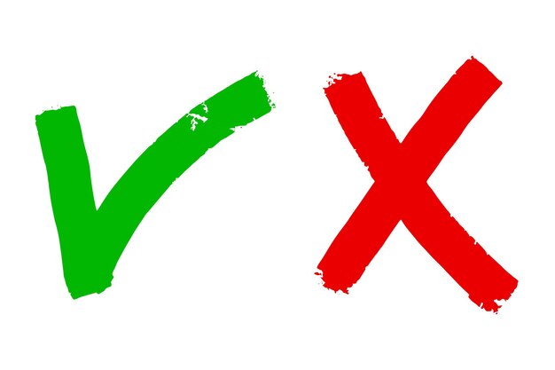 Icono correcto e incorrecto. dibujado a mano de marca de verificación verde y cruz roja aislado sobre fondo blanco. Ilustración de vector.