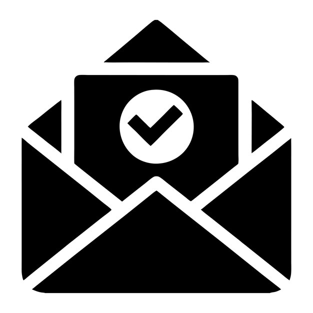 Icono de correo electrónico verificado sobre negro con símbolo de marca de verificación para el mensaje de aprobación de notificación y