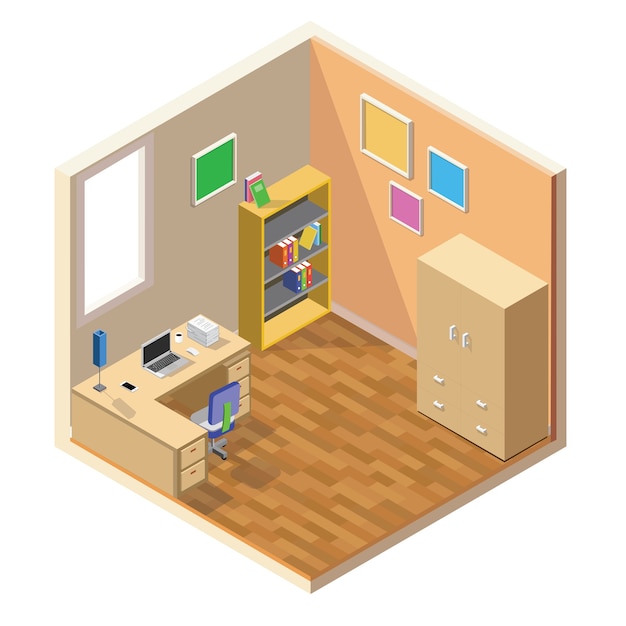 icono de corte de sala de poli baja isométrica. La habitación incluye muebles, mesa de trabajo con laptop