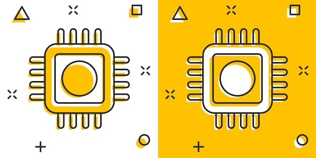 Icono de cpu de computadora en estilo cómic Ilustración de vector de dibujos animados de placa de circuito sobre fondo blanco aislado Concepto de negocio de efecto de salpicadura de chip de placa base