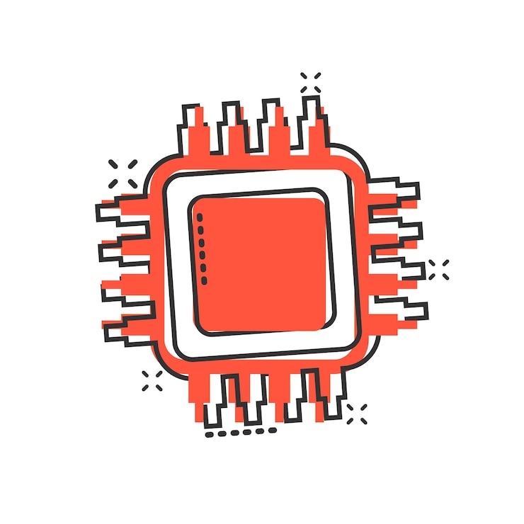 Vector icono de cpu de computadora en estilo cómic ilustración de vector de dibujos animados de placa de circuito sobre fondo blanco aislado concepto de negocio de efecto de salpicadura de chip de placa base
