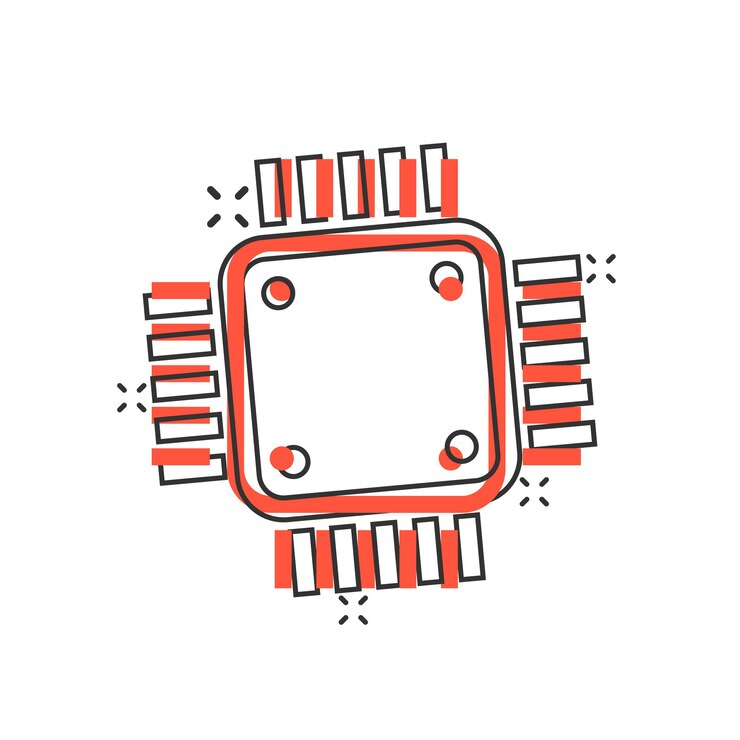 Vector icono de cpu de computadora en estilo cómic ilustración de vector de dibujos animados de placa de circuito sobre fondo blanco aislado concepto de negocio de efecto de salpicadura de chip de placa base