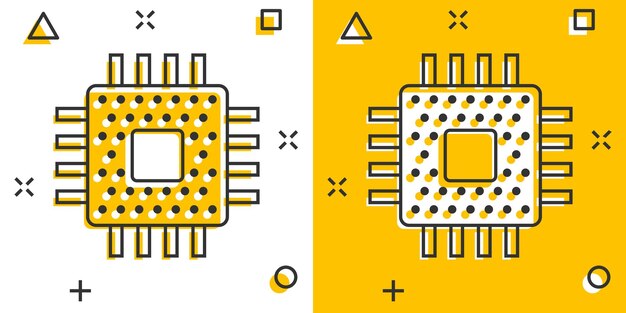 Icono de cpu de computadora en estilo cómic Ilustración de vector de dibujos animados de placa de circuito sobre fondo blanco aislado Concepto de negocio de efecto de salpicadura de chip de placa base