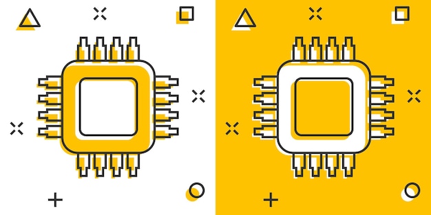 Icono de cpu de computadora en estilo cómic Ilustración de vector de dibujos animados de placa de circuito sobre fondo blanco aislado Concepto de negocio de efecto de salpicadura de chip de placa base