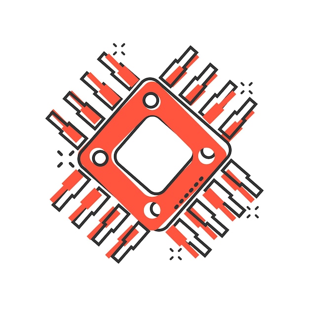 Icono de cpu de computadora en estilo cómico ilustración vectorial de dibujos animados de placa de circuitos en fondo blanco aislado concepto de negocio de efecto de salpicaduras de chip de placa madre