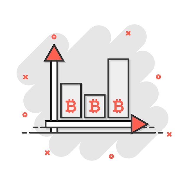 Icono de crecimiento de Bitcoin en estilo cómico Ilustración de vector de dibujos animados de Blockchain sobre fondo blanco aislado Concepto de negocio de efecto de salpicadura de criptomoneda