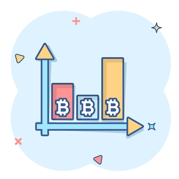 Icono de crecimiento de Bitcoin en estilo cómico Ilustración de vector de dibujos animados de Blockchain sobre fondo blanco aislado Concepto de negocio de efecto de salpicadura de criptomoneda